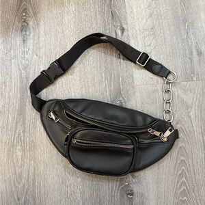 Black Faux Leather Belt Bag with Chain Detail